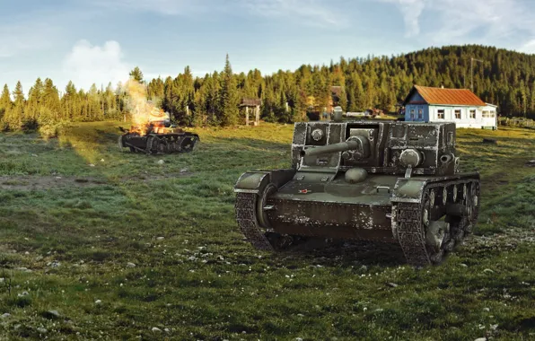 Picture forest, house, art, tank, tanks, WoT, World of Tanks, PT-ACS, Wargaming.net, The at-1