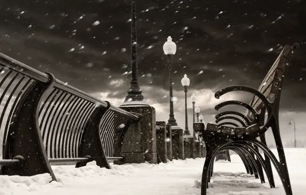Picture winter, snow, the city, Canada, lights, Montreal, Canada, benches, benches, shop, Quebec, QC, Montreal