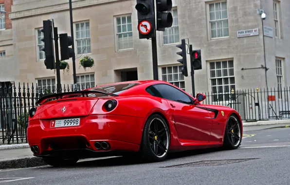 Picture red, the city, supercar, ferrari, Ferrari, 599 GTO