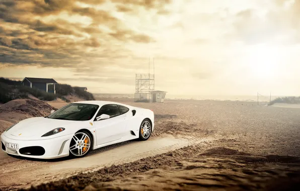 Picture sand, beach, white, Ferrari, white, Ferrari, Blik, front, F-430