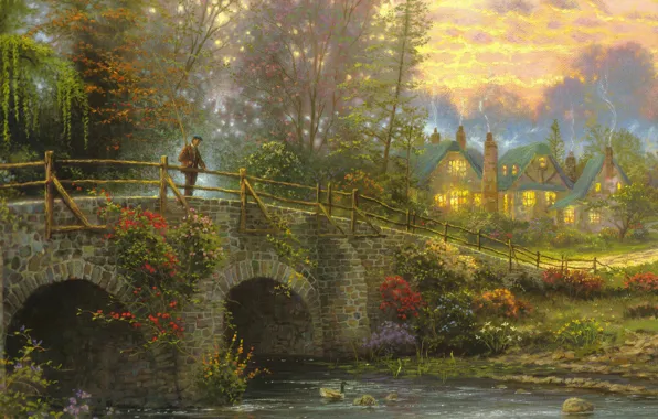 Picture bridge, river, home, fisherman, the evening, painting, art, Thomas Kinkade, Cobblestone Evening