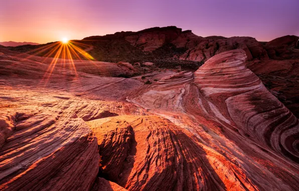 Picture the sun, rays, sunset, mountains, rocks