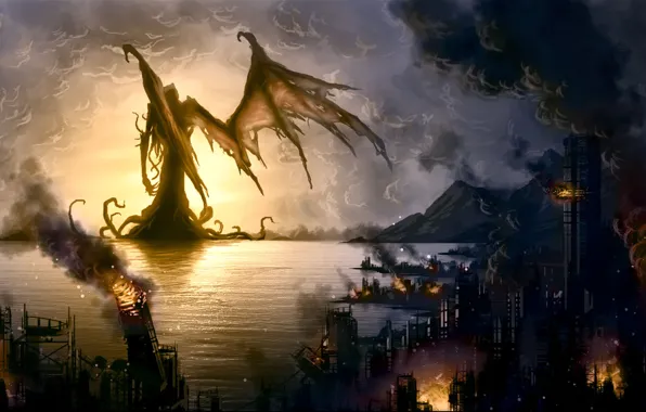 Picture the city, fire, monster, destruction, Bay, coastal, Howard Phillips Lovecraft, The Call Of Cthulhu