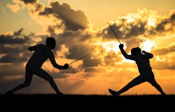 Picture art, silhouettes, the fight, sword, saber, rapier, wallpaper., sports, combat, blows, fencers, fencing, not getting …