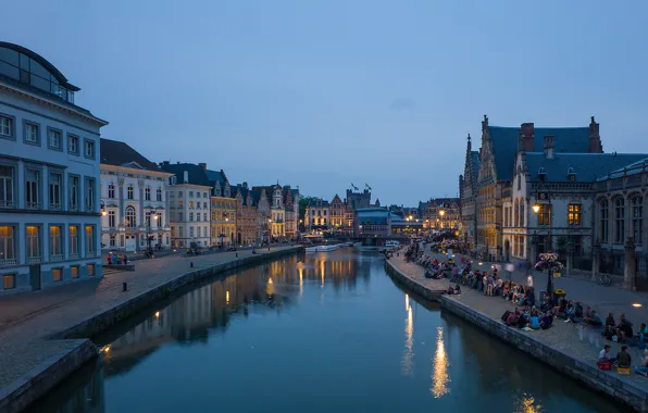 Picture the sky, bridge, people, home, the evening, channel, Belgium, promenade, Flanders, Ghent