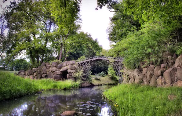 Picture trees, bridge, pond, Park, stream, stones