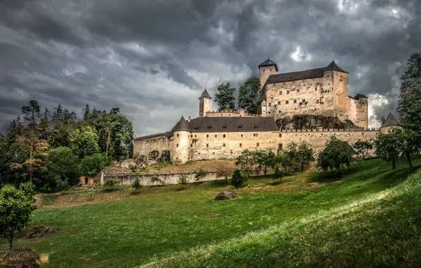 Picture the sky, grass, trees, clouds, castle, overcast, Austria, slope, Rappottenstein