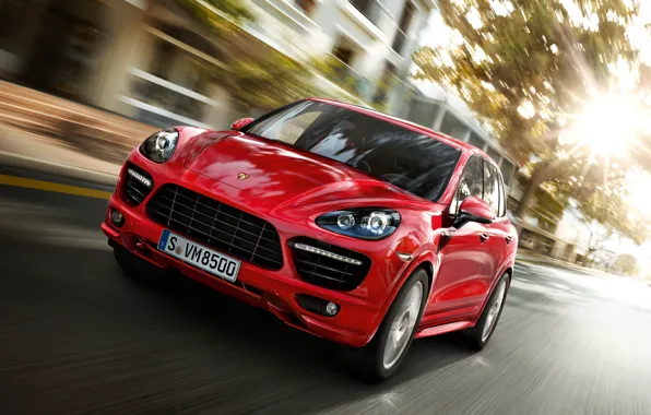 Picture road, red, the city, speed, Porsche Cayenne