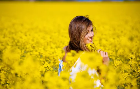 Picture field, girl, flowers, smile, background, mood, yellow, flowers, widescreen, full screen, HD wallpapers, widescreen