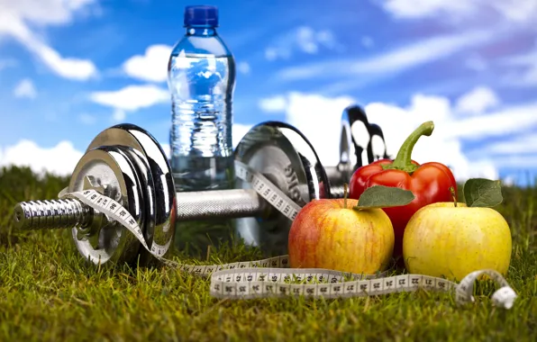 Picture water, sport, apples, bottle, fitness, dumbbells
