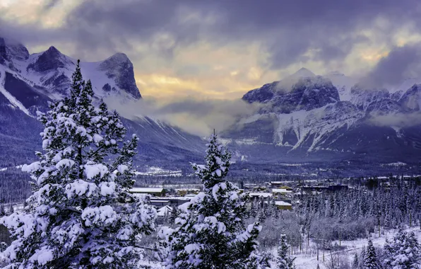 Picture winter, snow, mountains, valley, Canada, Banff National Park, Alberta, Canmore