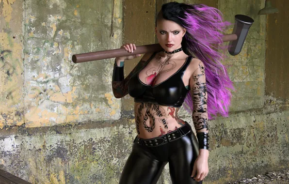 Picture chest, look, girl, wall, punk, tattoo, hairstyle, sledgehammer