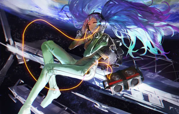 Picture girl, space, music, earth, wire, planet, headphones, orbit, vocaloid, hatsune miku