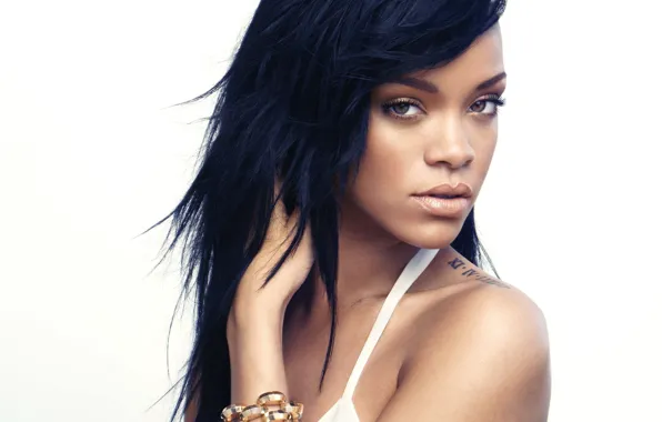 Picture look, face, hair, tattoo, white background, bracelet, singer, Rihanna