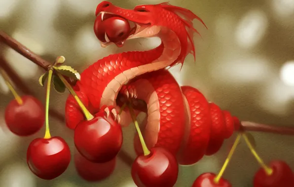 Picture cherry, dragon, branch, berry, art