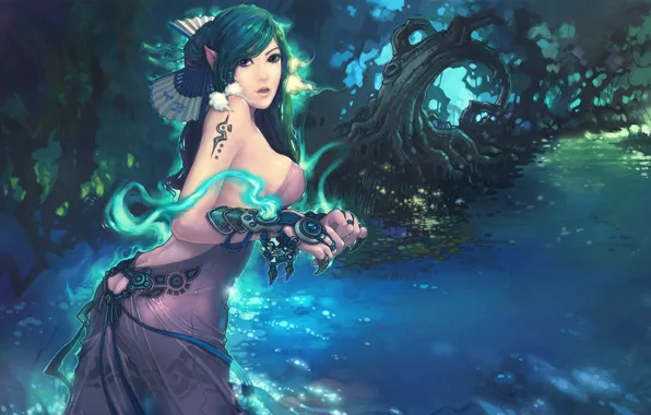 Picture forest, water, girl, decoration, river, magic, elf, Last Dynasty