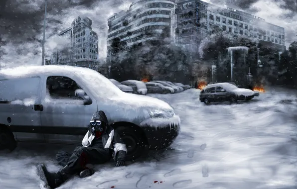 Picture snow, machine, the city, fire, smoke, ruins, Romance of the Apocalypse, Romantically apocalyptic, Snippy