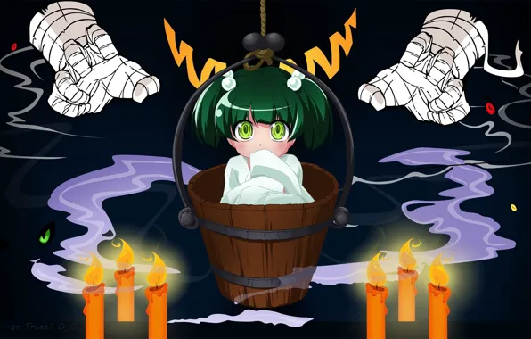 Picture fright, candles, hands, bucket, halloween, green hair, touhou, burning eyes, in the dark, kisume, Touhou …