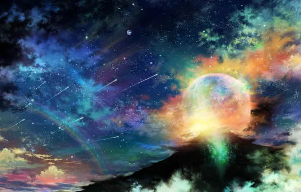 Picture the sky, stars, clouds, night, planet, mountain, rainbow, art, tsujiki