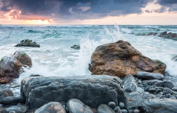 Picture sea, the sky, sunset, squirt, clouds, storm, nature, stones, the wind, shore