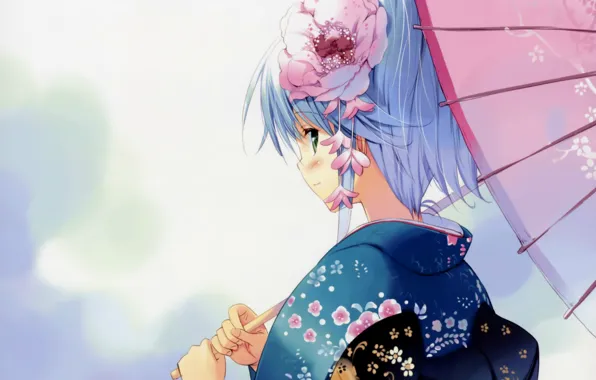 Picture flower, look, umbrella, kimono, blue hair, art, visual novel, ueda ryou, minami mizumori