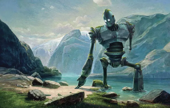 Picture mountains, river, shore, robot, giant, Steel giant, The Iron Giant