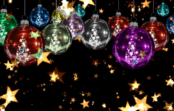 Picture stars, balls, decoration, lights, background, holiday, bright, toys, graphics, Shine, new year, Christmas, tree, gold, …