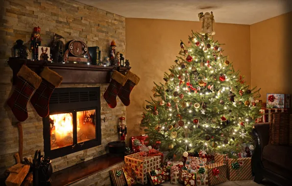 Picture light, decoration, room, toys, tree, Christmas, gifts, New year, fireplace, Holiday, Christmas, lanterns, New Year