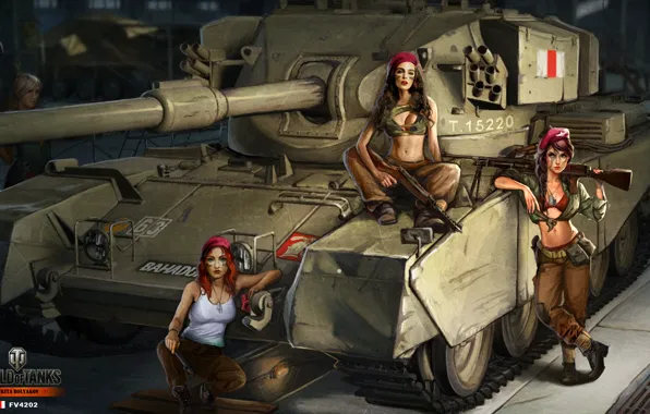 Picture girls, figure, art, hangar, tank, British, the crew, average, World of Tanks, Nikita Bolyakov, FV-4202