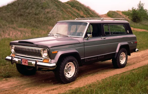 Picture road, background, hills, SUV, Jeep, the front, 1976, Jeep, Cherokee, Cheroke, Chief