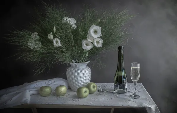 Picture flowers, table, holiday, apples, champagne, Happy New Year