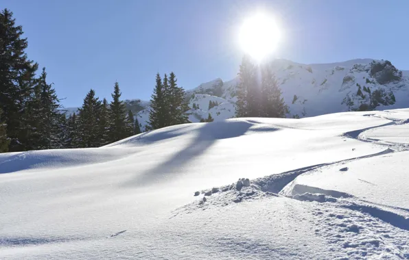 Picture winter, the sun, snow, mountains, nature