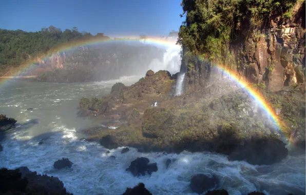 Picture squirt, rainbow, stream, waterfalls, Argentina, Iguazu, "Big water", considered the eighth wonder of the world