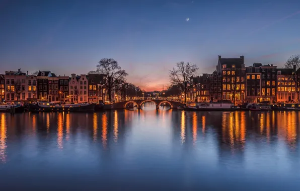 Picture the sky, bridge, the city, lights, the moon, home, the evening, channel, Netherlands, after sunset