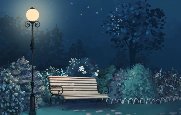 Picture light, bench, night, Park, art, lantern