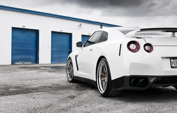Picture white, the sky, composition, Nissan, white, GT-R, Nissan, the rear part