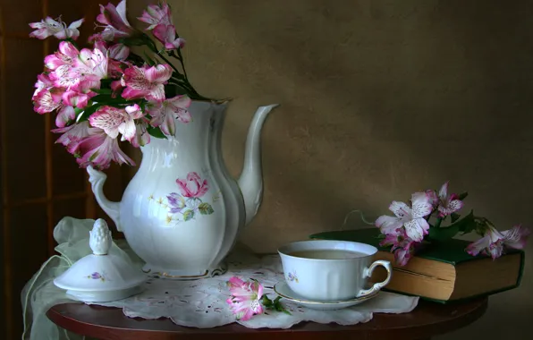 Picture flowers, coffee, texture, dishes, book, still life, vintage, Alstroemeria, coffee pot