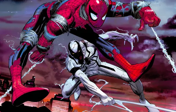 Picture the city, web, battle, Spider-man, Spider-man, Marvel Comics, Anti-Venom, Anti-Venom