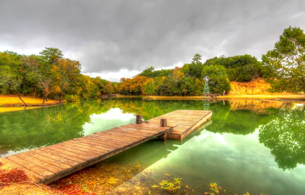 Picture autumn, water, trees, pond, Park, reflection, pier