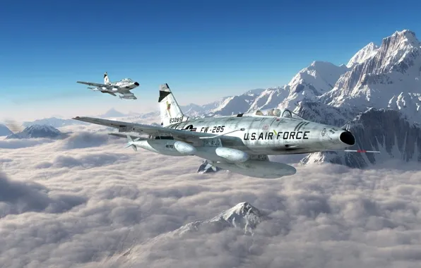 Picture mountains, graphics, art, North American, Super Sabre, F-100, Edgar Schmued