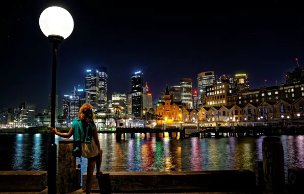 Picture water, girl, light, night, the city, lights, building, home, Australia, lantern, Sydney, promenade