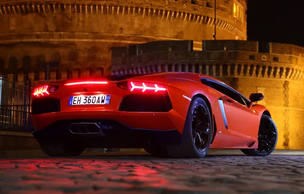 Picture night, red, pavers, lights, supercar, fortress, lamborghini, aventador, lp700-4, Lamborghini, aventador