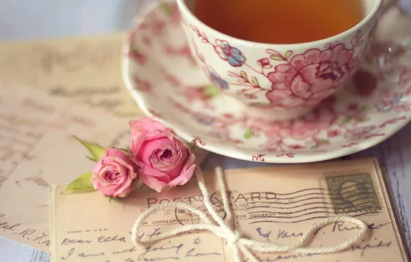 Picture flowers, tea, roses, Cup, pink, bow, letters, cards