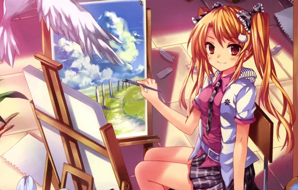 Picture smile, paper, wings, Girl, sitting, brush, easel