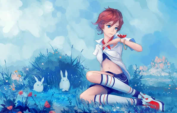 Picture look, girl, nature, pose, butterfly, haircut, anime, art, blue eyes