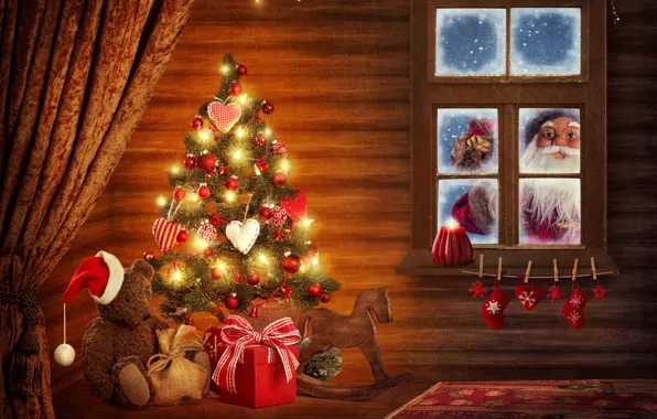 Picture decoration, Windows, tree, new year, Christmas, hat, the hood, bear, gifts, hearts, windows, decoration, christmas, …