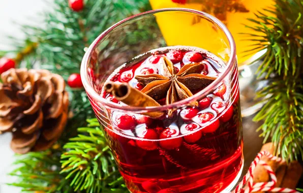 Picture winter, branches, berries, wine, spruce, sticks, New Year, Christmas, drink, cinnamon, bumps, holidays, spices, star …