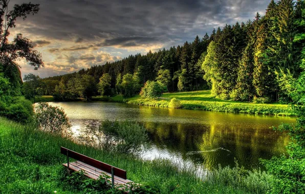 Picture river, landscape, clouds, bench, Forest