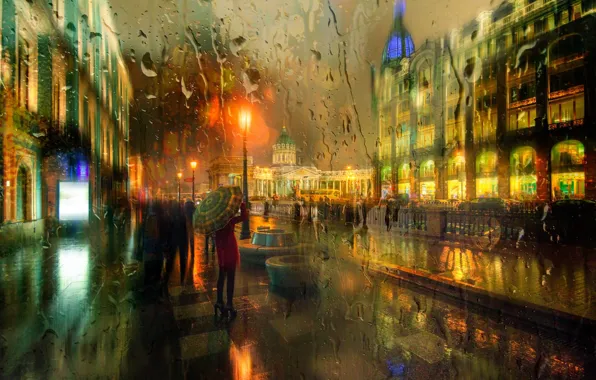 Picture autumn, girl, the city, lights, umbrella, street, home, St. Petersburg
