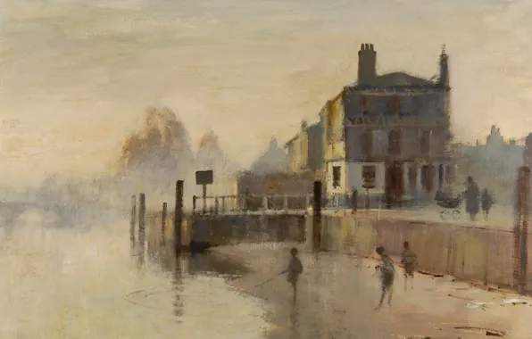 Picture fog, picture, fishermen, the urban landscape, Edward Seago, Early In The Morning. Richmond